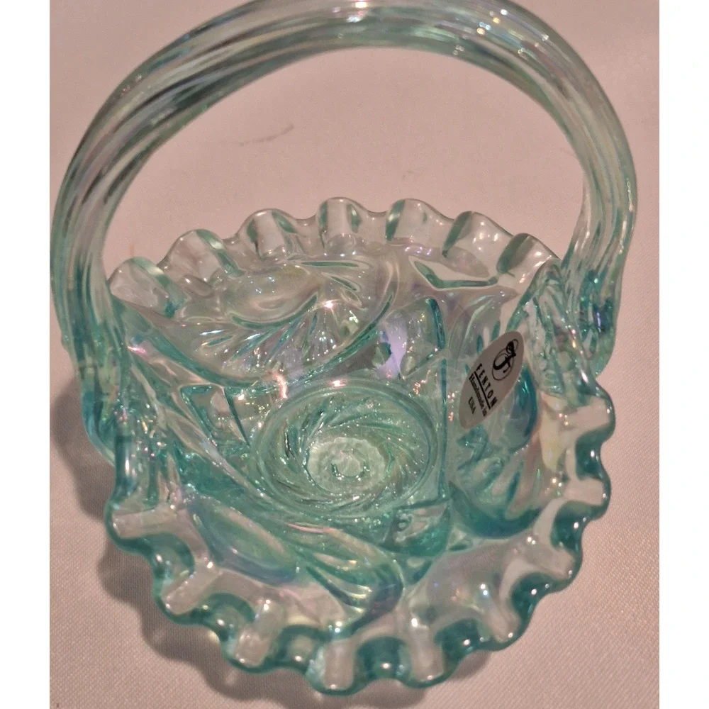 Vintage Fenton Glass Aquamarine Iridescent Ruffled Mini Basket Sticker